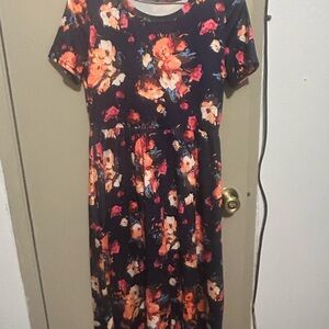 Elegant Floral Maxi Dress in Navy and Orange w/ Pockets